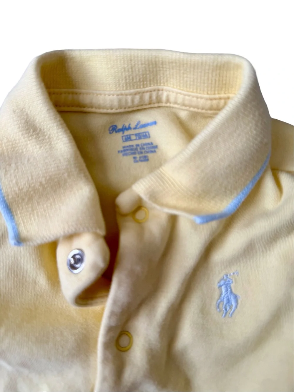 Ralph Lauren Pastel Light Yellow Polo Snap Romper with Blue Trim